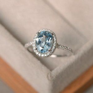NEW Silver Aquamarine Diamond Halo Oval Cut Ring